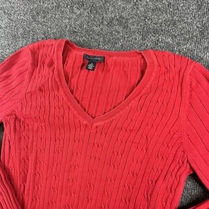 Tommy‎ Hilfiger Sweater Womens M Red V Neck Cable Knit Ribbed Fitted Lightweight